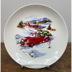 Christmas Red Truck Plate Holiday Time Stoneware Salad Dessert 8in